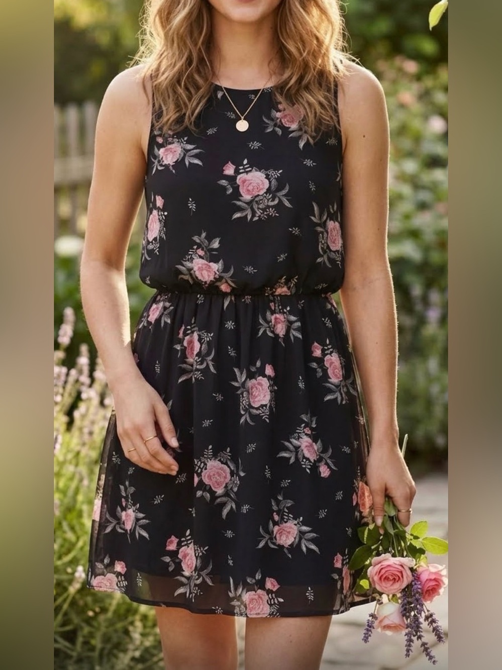 Black Floral Sleeveless Dress with Pink Roses